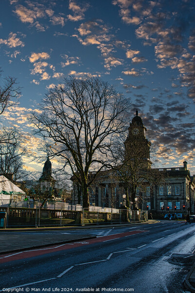 Historic building at dusk with dramatic sky and bare tree silhouette in Lancaster. Picture Board by Man And Life