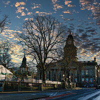 Buy canvas prints of Historic building at dusk with dramatic sky and bare tree silhouette in Lancaster. by Man And Life