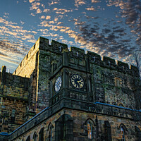 Buy canvas prints of Historic stone clock tower against a dramatic sky at dusk in Lancaster. by Man And Life