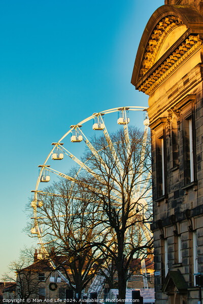 Historic building corner with a Ferris wheel and tree silhouettes against a clear blue sky at sunset in Lancaster. Picture Board by Man And Life