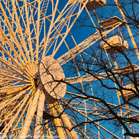 Buy canvas prints of A ferris wheel against a clear blue sky at sunset, with trees in the foreground. by Man And Life