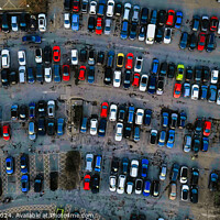 Buy canvas prints of Aerial view of a crowded parking lot with various cars neatly parked in rows, showcasing urban transportation and infrastructure in York, North Yorkshire by Man And Life
