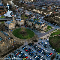 Buy canvas prints of Aerial view of a historic castle with surrounding park and adjacent parking lot in an urban setting at dusk in York, North Yorkshire by Man And Life