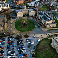 Buy canvas prints of Aerial view of a historic city center with old buildings, a park, and a parking lot at dusk in York, North Yorkshire by Man And Life