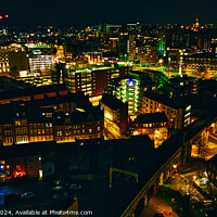 Buy canvas prints of Cityscape at night with illuminated buildings and streets in Leeds, UK. by Man And Life