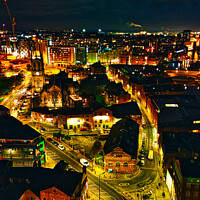 Buy canvas prints of Aerial night view of a cityscape with illuminated streets and buildings, showcasing urban architecture in Leeds, UK. by Man And Life