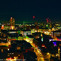 Buy canvas prints of City skyline at night with illuminated buildings and vibrant urban lights in Leeds, UK. by Man And Life