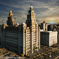 Buy canvas prints of Dramatic skyline of Liverpool with iconic Liver Building at sunset, showcasing the city's architecture and urban landscape. by Man And Life
