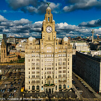 Buy canvas prints of Aerial view of the iconic Royal Liver Building in Liverpool, UK, with dramatic clouds in the sky. by Man And Life