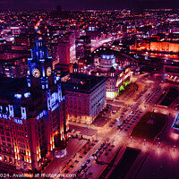 Buy canvas prints of Aerial night view of a vibrant cityscape with illuminated streets and buildings in Liverpool, UK. by Man And Life