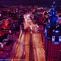 Buy canvas prints of Aerial night view of a cityscape with illuminated streets and buildings, showcasing urban architecture and traffic in Liverpool, UK. by Man And Life