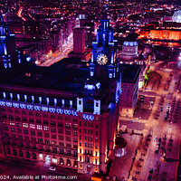 Buy canvas prints of Aerial night view of an illuminated urban cityscape with historic architecture in Liverpool, UK. by Man And Life