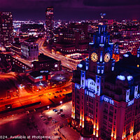 Buy canvas prints of Aerial night view of a vibrant cityscape with illuminated streets and an iconic building in Liverpool, UK. by Man And Life