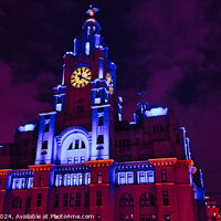 Buy canvas prints of Liverpool's iconic Royal Liver Building at night, illuminated in vibrant purple light against a dark sky. by Man And Life