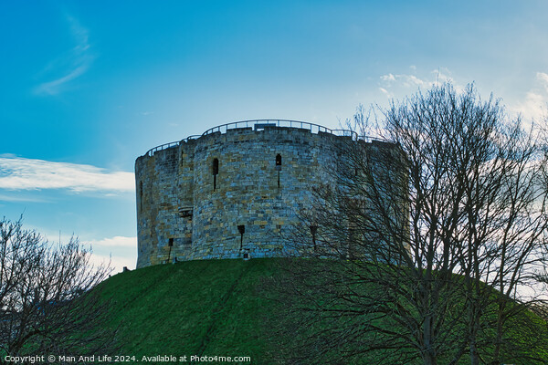 Medieval stone tower on a grassy hill with bare trees against a blue sky with clouds in York, UK. Picture Board by Man And Life