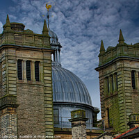 Buy canvas prints of Dramatic sky over twin stone towers with a metallic dome, showcasing architectural details and moody ambiance in Harrogate, England. by Man And Life