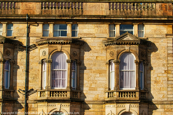 Close-up of a classic sandstone building facade with ornate windows and architectural details in warm sunlight in Harrogate, England. Picture Board by Man And Life
