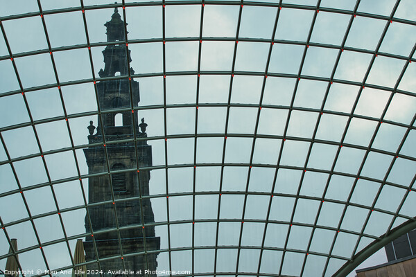 Historic tower viewed through a modern glass dome, contrasting architectural styles in Leeds, UK. Picture Board by Man And Life