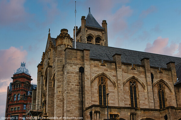 Gothic architecture of an old church against a dusk sky in Leeds, UK. Picture Board by Man And Life