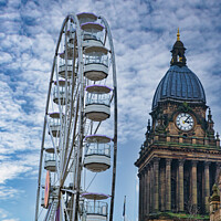 Buy canvas prints of Ferris wheel beside a historic clock tower under a cloudy sky in Leeds, UK. by Man And Life