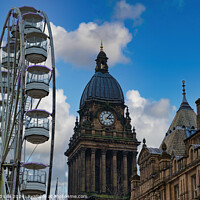 Buy canvas prints of Ferris wheel beside a historic clock tower under a blue sky with clouds in Leeds, UK. by Man And Life