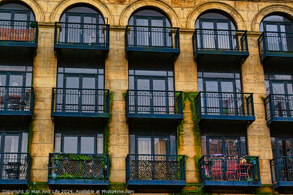 Facade of a vintage building with ornate windows and balconies in Leeds, UK. Picture Board by Man And Life