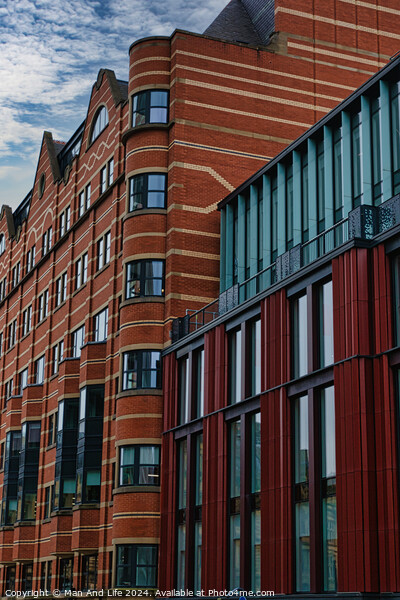 Modern urban architecture with red brick and glass facade against a cloudy sky in Leeds, UK. Picture Board by Man And Life