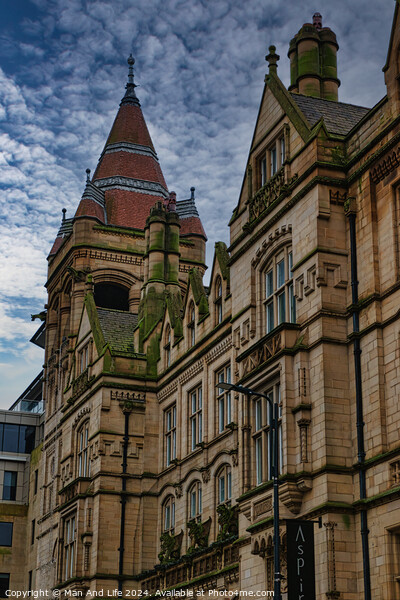 Victorian architecture with intricate details under a blue sky with clouds in Leeds, UK. Picture Board by Man And Life