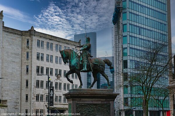 Equestrian statue in urban setting with modern buildings and cloudy sky in the background in Leeds, UK. Picture Board by Man And Life