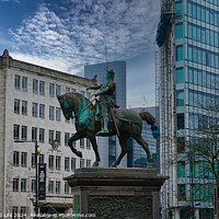 Buy canvas prints of Equestrian statue in urban setting with modern buildings and cloudy sky in the background in Leeds, UK. by Man And Life