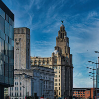 Buy canvas prints of Urban cityscape with historic architecture and modern buildings under a blue sky with wispy clouds in Liverpool, UK. by Man And Life