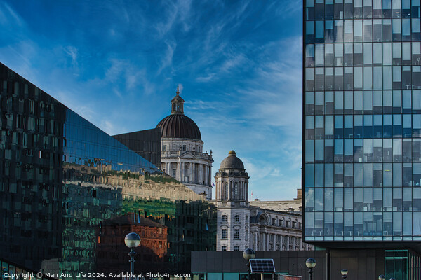 Urban contrast with old dome architecture beside modern glass building under a blue sky with wispy clouds in Liverpool, UK. Picture Board by Man And Life