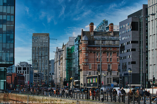Modern cityscape with diverse architecture and pedestrians on a sunny day in Liverpool, UK. Picture Board by Man And Life