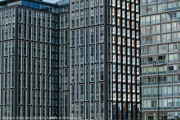 Modern glass office buildings with a pattern of windows reflecting the sky, showcasing urban architecture in Liverpool, UK. Picture Board by Man And Life