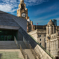 Buy canvas prints of Modern staircase leading to historic clock tower under a blue sky with wispy clouds in Liverpool, UK. by Man And Life