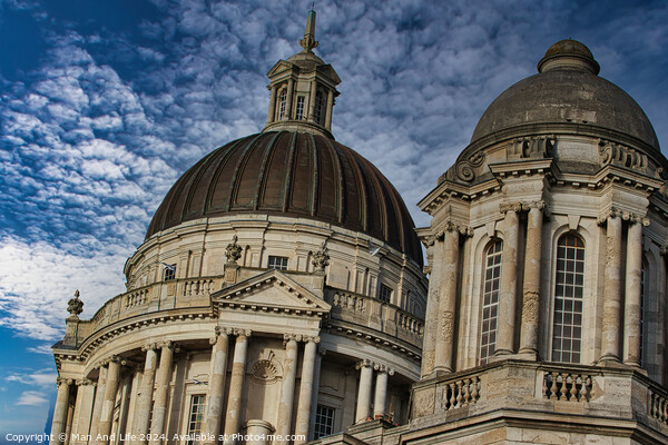 Dramatic view of historic domed buildings against a cloudy blue sky in Liverpool, UK. Picture Board by Man And Life
