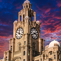 Buy canvas prints of Liverpool's iconic Royal Liver Building at dusk with dramatic pink and blue sky by Man And Life