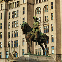Buy canvas prints of Equestrian statue in front of a historic building with intricate architecture in Liverpool, UK. by Man And Life