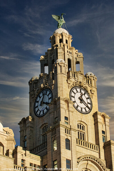 Historic clock tower against a blue sky with clouds, architectural detail, and a statue on top in Liverpool, UK. Picture Board by Man And Life