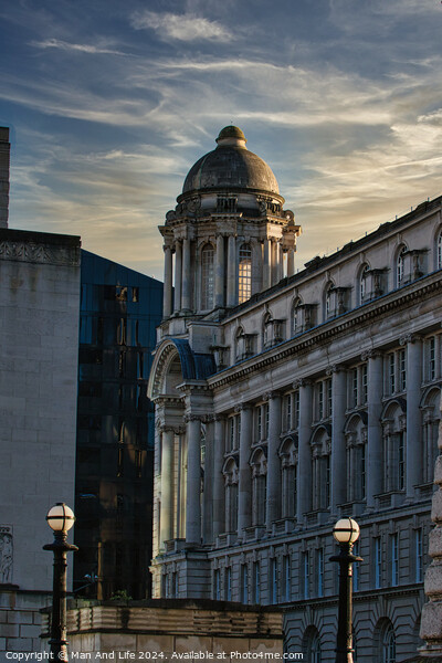 Historic building with dome at dusk, cityscape with warm lighting and clear sky in Liverpool, UK. Picture Board by Man And Life