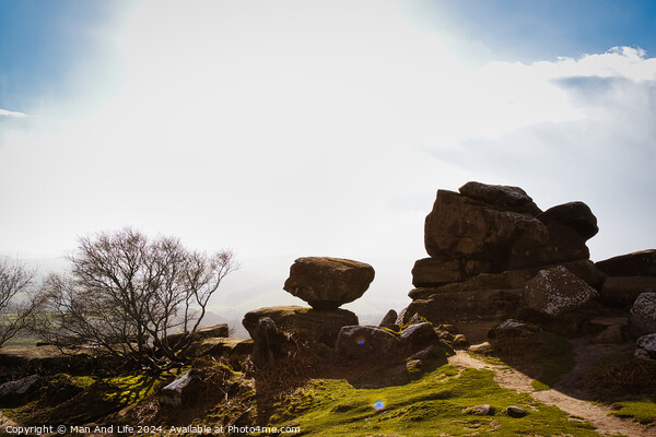 Sunny landscape with silhouetted rock formations and a clear sky at Brimham Rocks, in North Yorkshire Picture Board by Man And Life
