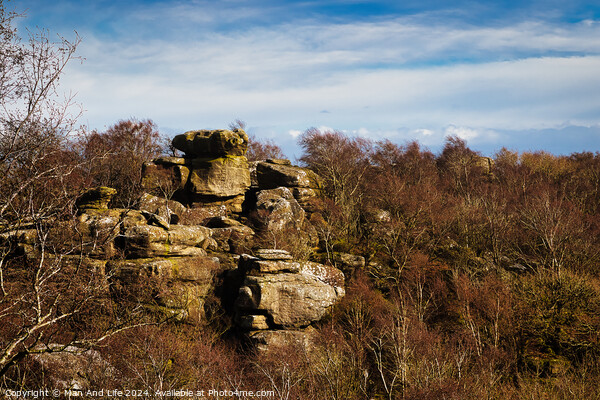 Rocky landscape with boulders and sparse vegetation under a cloudy sky at Brimham Rocks, in North Yorkshire Picture Board by Man And Life