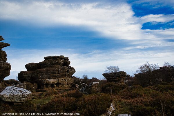 Scenic view of rugged rock formations amidst wild heath under a cloudy sky at Brimham Rocks, in North Yorkshire Picture Board by Man And Life