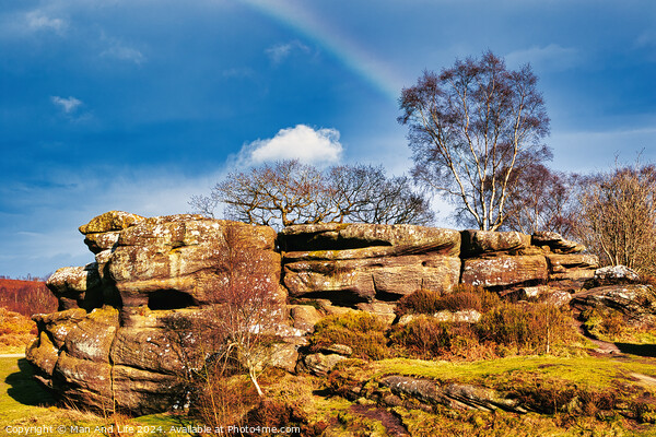 Scenic view of a rocky outcrop with a lone tree against a blue sky with a faint rainbow in the countryside at Brimham Rocks, in North Yorkshire Picture Board by Man And Life