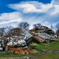 Buy canvas prints of Rugged landscape with moss-covered rocks under a cloudy sky at Brimham Rocks, in North Yorkshire by Man And Life