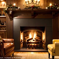 Buy canvas prints of Cozy living room with a lit fireplace, leather sofas, and a wooden bookshelf filled with books and wine bottles. by Man And Life