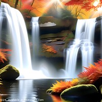 Buy canvas prints of Tranquil autumn waterfall scene with vibrant foliage, flowing water, and serene pond, ideal for seasonal backgrounds or nature themes. by Man And Life