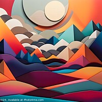 Buy canvas prints of Abstract geometric landscape with colorful paper layers forming mountains and waves under a stylized sun, suitable for creative backgrounds. by Man And Life