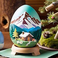 Buy canvas prints of Hand-painted Easter egg with mountain landscape, surrounded by spring decor. by Man And Life