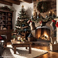 Buy canvas prints of Cozy Christmas living room with decorated tree, fireplace, and stockings. by Man And Life